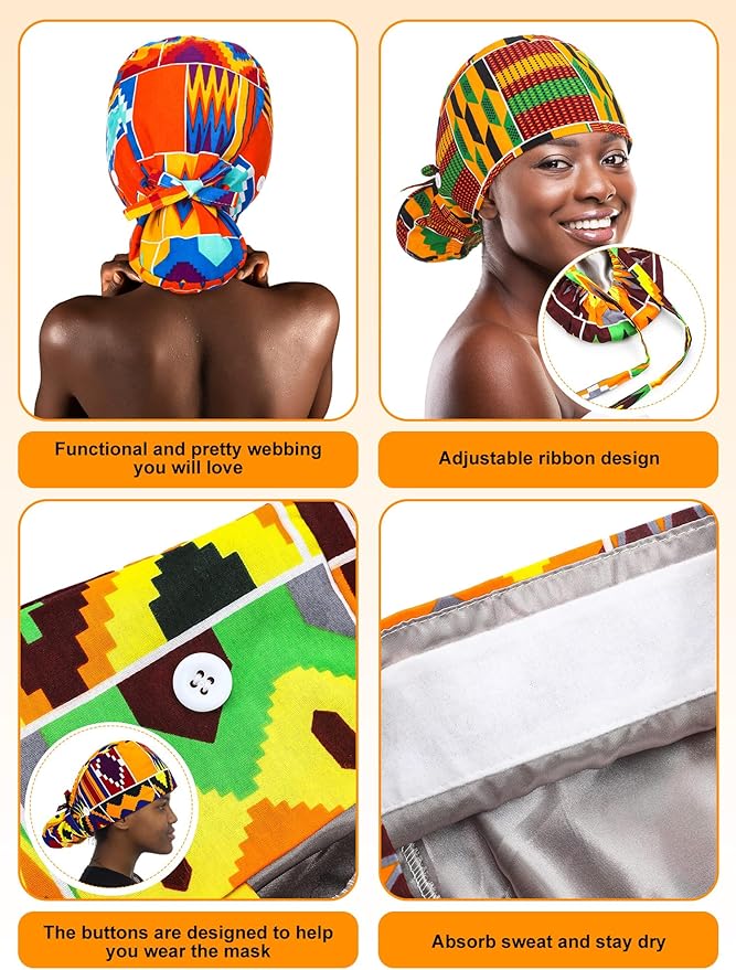 6 Pcs Satin Lined Scrub Caps Women Nurse Surgical Hat with Buttons Ponytail Working Adjustable Pouch Tie Back