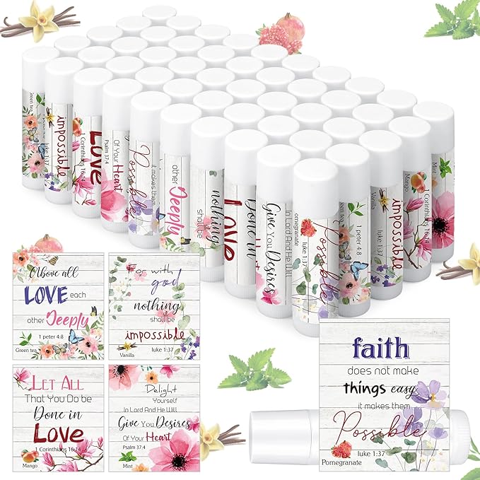 50 Pcs Lip Balm Bulk Christian Gift for Women Faith Religious Bible Verse Lip Balm Inspirational Gift Scripture Moisturizing Lip Care Product for Coworker Sister Teacher(Wildflower)