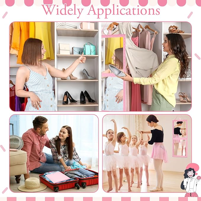 Foldable Backstage Mirror with Handle 24.61x 11.22 Inch Leather Folding Hanging Mirror Rectangular for Travel Dance Bag Home Fitness Spa Gift for Dancers(Pink)