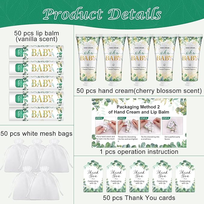 50 Pack Hand Cream Bulk and Lip Balm Bulk Gifts Sets, Baby Shower Favors and Bridal Shower Favors for Guests with Thank You Card and Organza Gift Bags, Thank You Gifts for Women (Oh Baby)