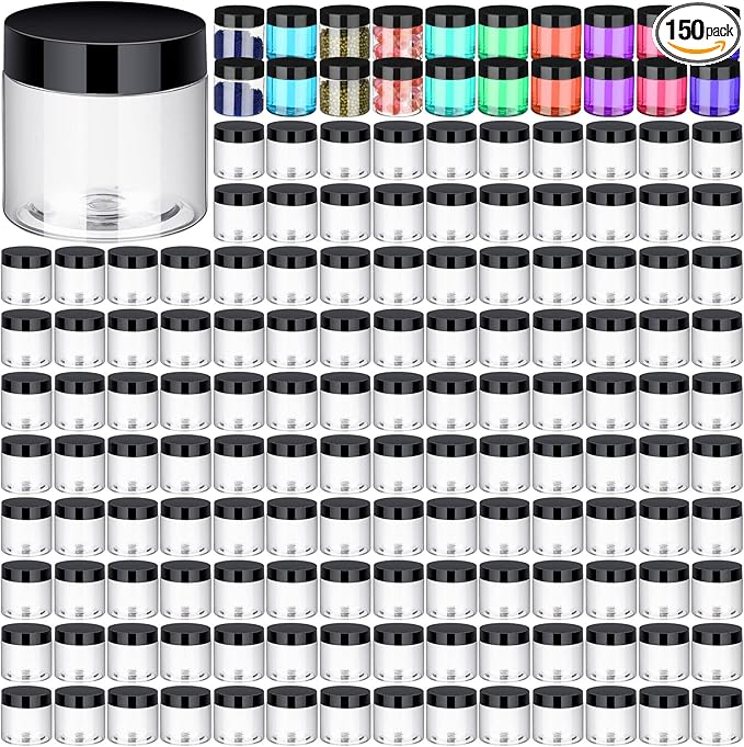 Aoriher 150 Pcs Plastic Container Jars with Lids Round Cosmetic Jars Empty Plastic Container for Lotion, Cream, Ointments, Makeup, Eye Shadow, Rhinestone, Samples, Pot, Travel Storage(2 oz,Black)