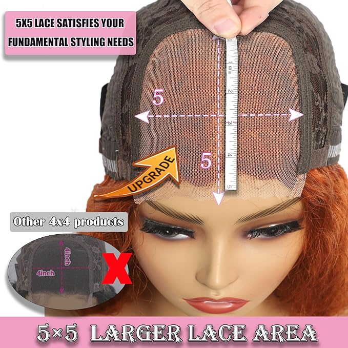 5×5 Closure Bob Wig Human Hair Glueless Wigs Human Hair Pre Plucked Pre Cut Short Curly Wig Water Wave Middle Part 350# Ginger for Women Wigs for Black Women 10Inch