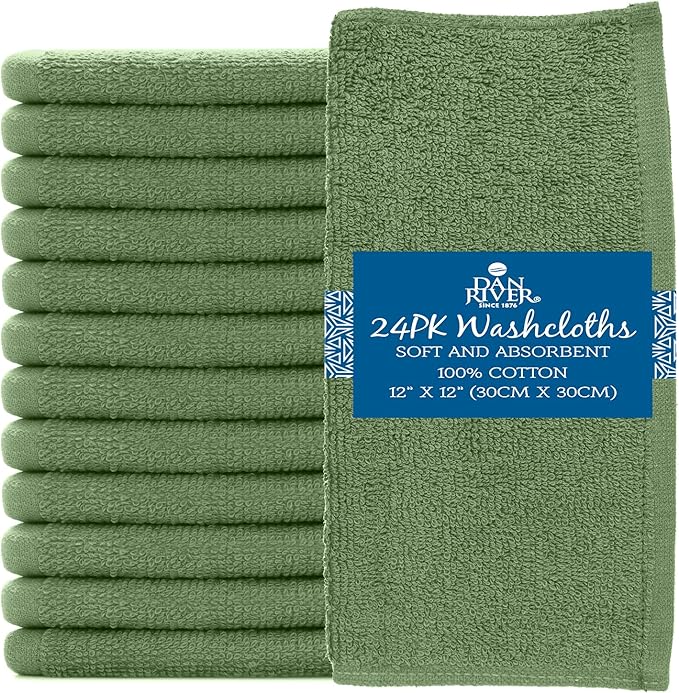 DAN RIVER 100% Cotton Washcloths 24 Pack Premium Quality Face and Body Cloth, Quick Dry Essential Towels for Bathroom, Hand, Kitchen & Cleaning, Baby Washcloths | 12X12 in | 400 GSM | Sage Green