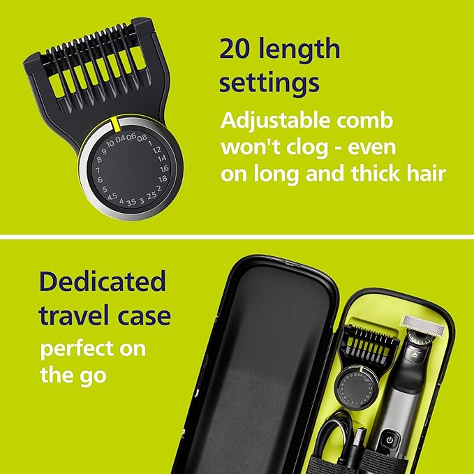 Philips Norelco OneBlade 360 Pro Face + Body Electric Beard Trimmer, Shaver & Bodygroomer, with 360 Blade Technology, 2X 360 Blade, 20-Length Adjustable Comb, Body Kit, & Travel Case, QP6552/90