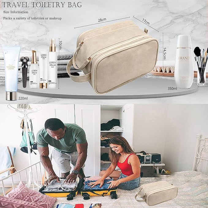 Travel Toiletry Bag for Women PU Leather Triple-layer Double Zipper Toiletry Bags,Waterproof with Handle Mens Toiletry Bag Stowable Brushes, Toiletries Makeup for Business Trips Camping Bathroom Beige