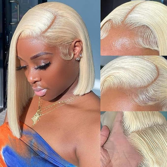 Blonde Bob Wig Human Hair 613 Lace Front Wigs Human Hair 180% Density 13x4 HD Lace Frontal Straight Wigs Human Hair Pre Plucked With Baby Hair Short Bob Wigs for Women 14 Inch