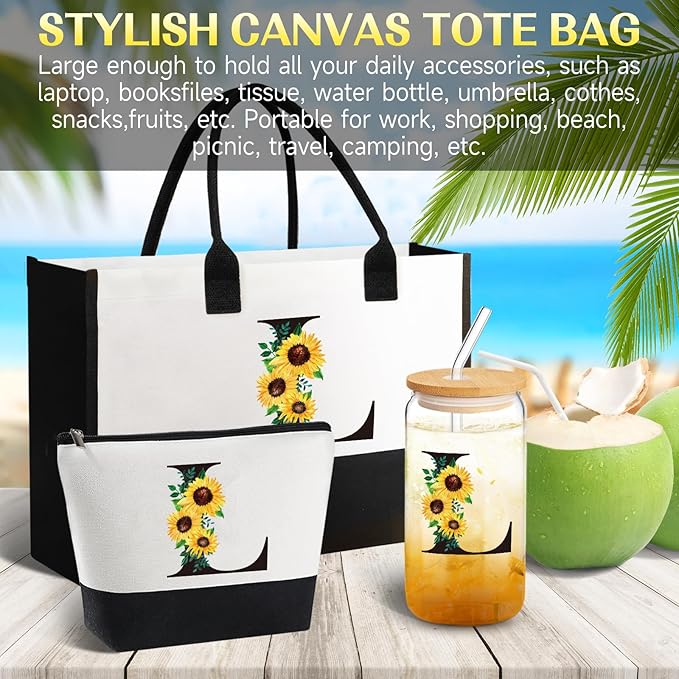 Monogrammed Sunflower Birthday Gifts - Personalized Canvas Tote & Makeup Bag & Glass Cup (Mom, Sister, Best Friends) L