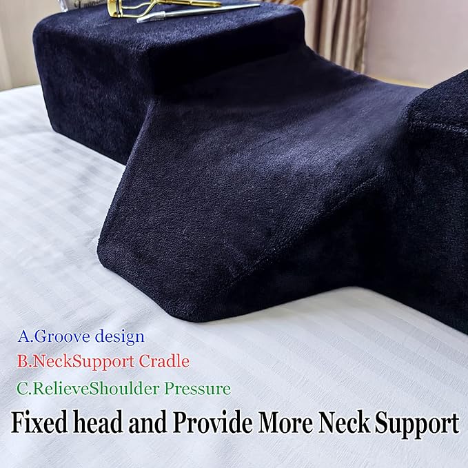 Puransen Lash Bed Pillow with Neck & Back Support - Curved Memory Foam Beauty Pillow for Eyelash Extensions & Salon Services, Two Pockets for Tools on The Sides of Removable Velvet Pillowcase (Black)