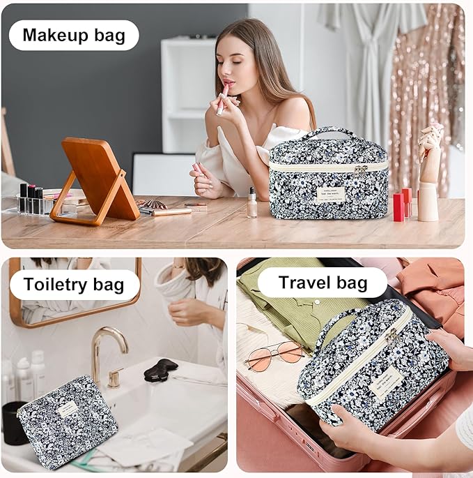 3Pcs Makeup Bag Cotton Quilted Travel Cosmetic Bag Cute Floral Makeup Pouch Large Toiletry Bag for Women Girls (Black Flowers)