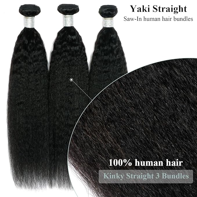 14 16 18 Inch Kinky Straight Bundles Human Hair Yaki Straight Human Hair Bundles Raw Kinky Human Hair 3 Bundles For Black Women Natural Black 12A Sew In 100% Brazilian Virgin Human Hair Bundles