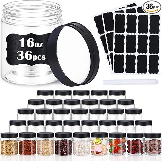 36 PCS 16 OZ Plastic Jars with Screw On Lids, Pen and Labels Refillable Empty Round Slime Cosmetics Containers for Storing Dry Food, Makeup, Slime, Honey Jam, Cream, Butter, Lotion, black