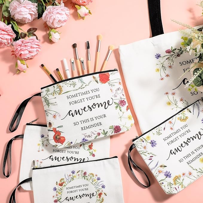 Paterr 10 Pcs Mother's Day Gifts Bulk 5 Styles Inspirational Tote Bags and Cosmetic Makeup Bags with Motivational Wildflower Scripture Quote Gifts Bulk for Women Teacher Nurse