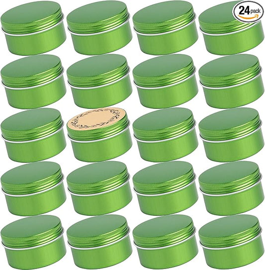 24 Pack 4oz Screw Top Aluminum Tin Jars with Screw Lids and Blank Labels - Refillable 120ml Metal Containers for Lip Balms, Candles, Salves, Spices, Crafts (Green)