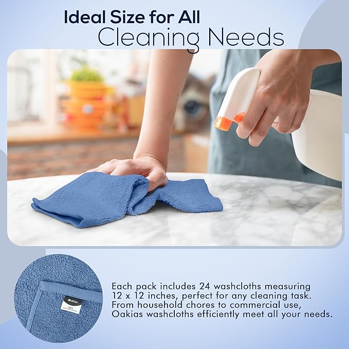 Oakias 100% Cotton Wash Cloths 24 Pack Blue - 12 x 12 Inches Ring Spun Cotton Facial Towels - Highly Absorbent Quick Dry Spa Towels - Bulk Washcloths Ideal for Scrubbing and Cleaning