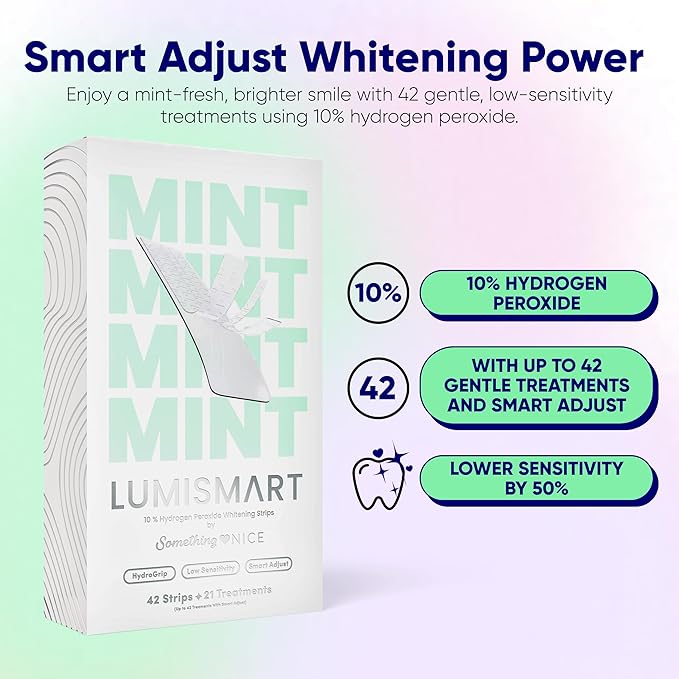Something Nice Lumismart Whitening Strips - Dentist-Designed, Enamel Safe, up to 42 Treatments with Smart Adjust - Teeth Whitening Strips in Mint for Sensitive Teeth