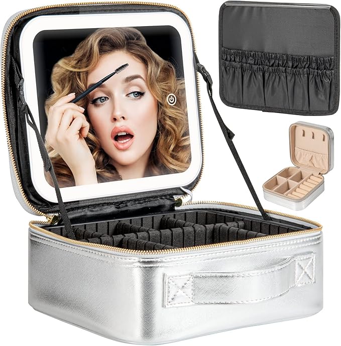 Makeup Travel Train Case with Mirror LED Light 3 Adjustable Brightness Cosmetic Bag Portable Storage Adjustable Partition Waterproof Makeup Brushes Makeup Jewelry Gift for Women