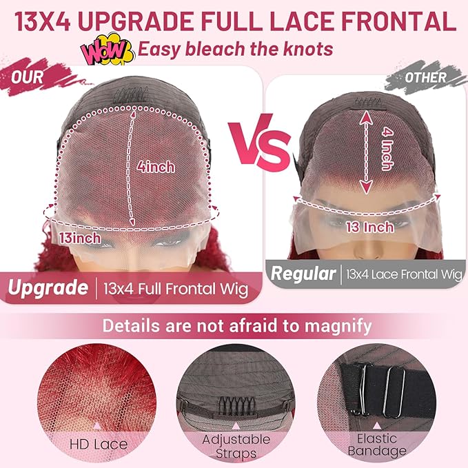 99j Burgundy Lace Front Wigs Human Hair 180%Density 13x4 Deep Wave Lace Front Wigs Human Hair Pre Plucked Wine Red Curly Wet Wavy Human Hair Wig HD Full Lace Frontal Glueless Wigs For Women 22 Inch