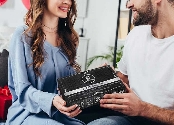 Striking Viking Beard Grooming Kit for Men with Shampoo, Oil, Balm, Brush, Wooden Comb, Mustache Scissors - 7-Piece Sandalwood Caddy for Beard Growth