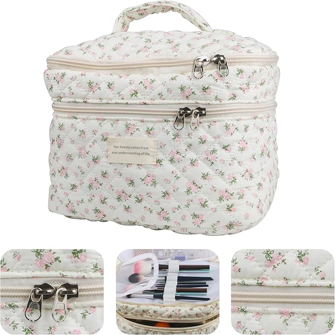 Dual Layer Cute Makeup Bag for Women(3 Pcs), Quilted Floral Coquette Aesthetic Make up Bags, Travel Cosmetic Bags Toiletry Organizer Bag(Pink Rose)