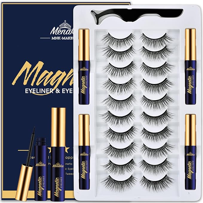 Menaka Magnetic Eyelashes Natural Look, 10 Pairs 3D Magnetic Lashes Kit with Applicator, 4 Tubes of Magnetic Liner, Updated Strongest Waterproof.Reusable Magnet Fake Eyelash.