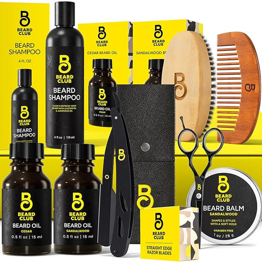 The Beard Club Beard Kit for Men - Grooming & Care Kit - Cedar & Sandalwood Oil, Sandalwood Balm, Shampoo, Boar Bristle Brush, Comb, Trimming Scissors, Straight Edge Razor - Gift Set