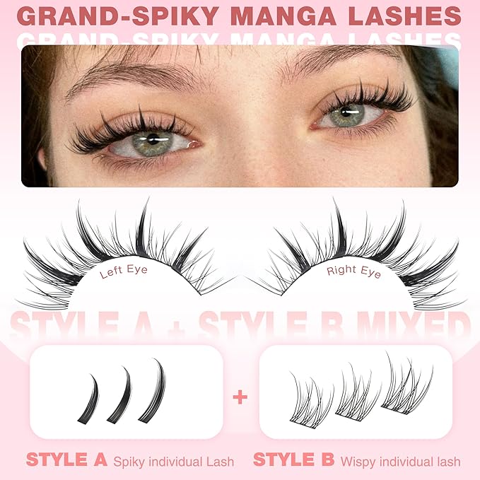 Manga Lash Clusters Kit Wispy Eyelashes Cluster & Spiky-tip Individual Lashes Mixed Cluster Eyelash Extensions Kit 200pcs DIY Lashes Extension Kit C Curl Lash Clusters Wispy Anime Lash Kit