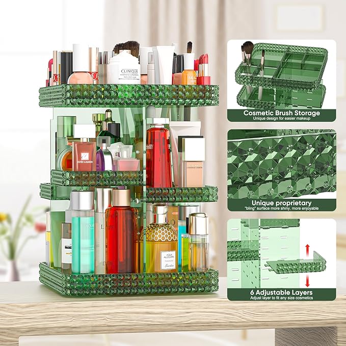 360 Rotating Makeup Organizer, Acrylic DIY Adjustable Bathroom Makeup Carousel Spinning Holder Rack, Large Capacity Cosmetics Storage Box Vanity Countertop, Skin-care Organizers (Green)