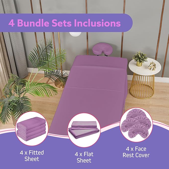 Massage Table Sheets Sets – 4 Set Bundle, 120GSM Double Brushed Microfiber, Premium Massage Sheets Sets, Spa Bed Sheets for Esthetician, Wrinkle & Oil Resistant, Lavender