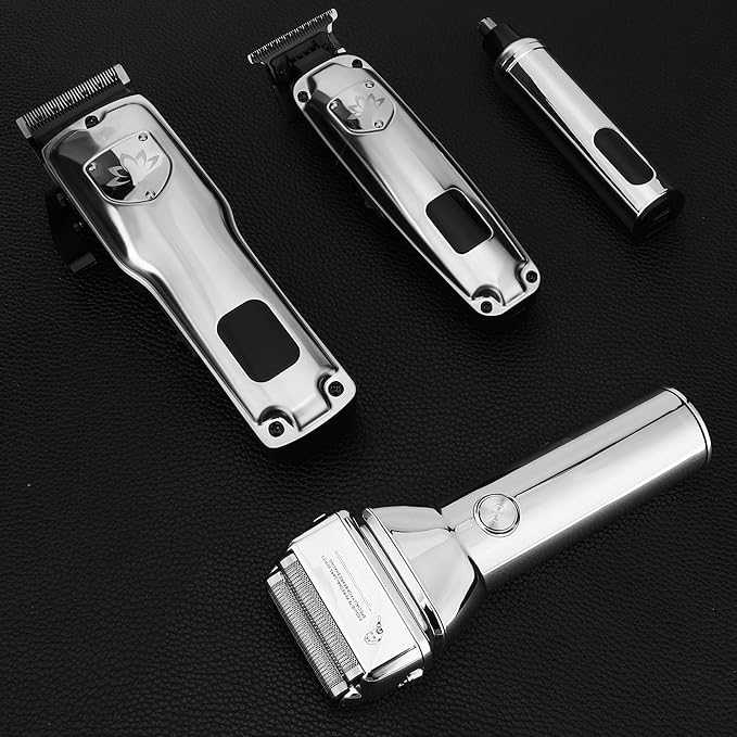 Karrte Professional Hair Clippers and Trimmer Set for Men, T-Shaper Trimmer & Foil Shaver, Nose & Ear Hair Trimmer, Cordless Clippers and Grooming Set, Hair Cutting Kit with LED Display Silver