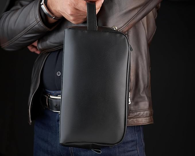 Awesometik Mens Travel Bag Toiletries Organizer Case for Grooming, Toiletry Bag for Men, Travel Essentials Shaving Dopp Kit, Geniune Leather Water Resistant Cosmetic Bag Pouch (Black)