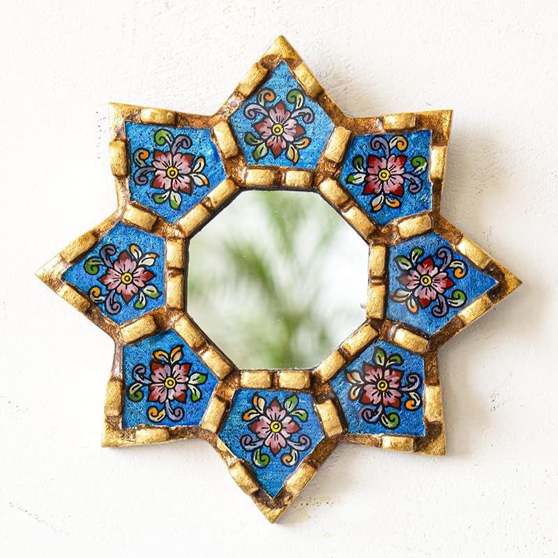 Peruvian Small Wall Mirror set of 3 - Decorative Vintage mirrors of 6" for wall decor - Painted Glass mirror for wall room decor