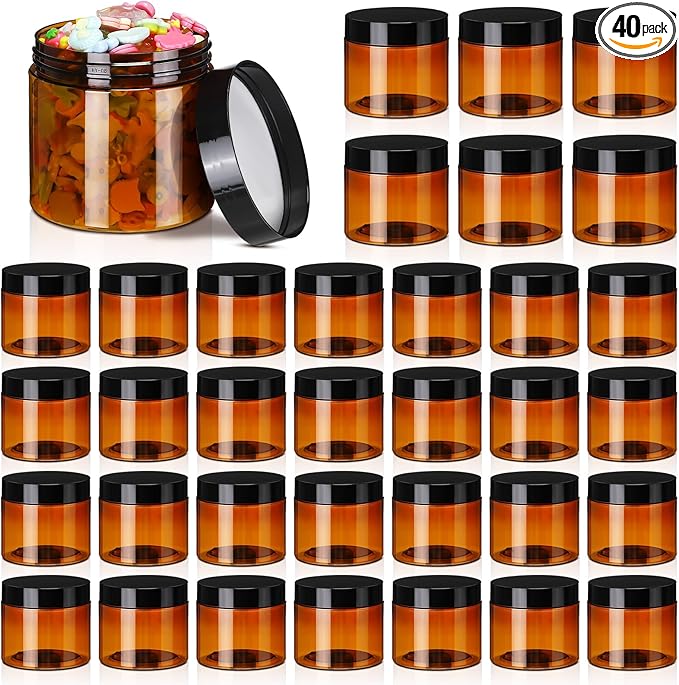 Tanlade Amber Plastic Jars with Lids Round Cosmetic Containers Amber Jars Refillable Containers for Powder Liquid Food Storage Kitchen Cosmetic Lotion Ointments Creams Essential Oil (2 oz)