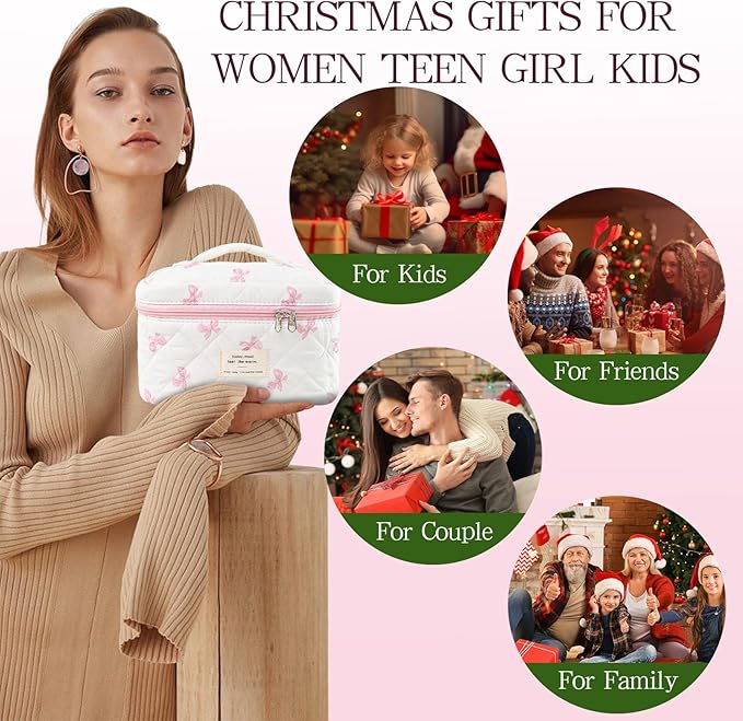 Makeup Bag, 3 PCS Quilted Makeup Bag, Cute Floral Cotton Cosmetic Bag set, Coquette Makeup Pouch Large Travel Toiletry Bag