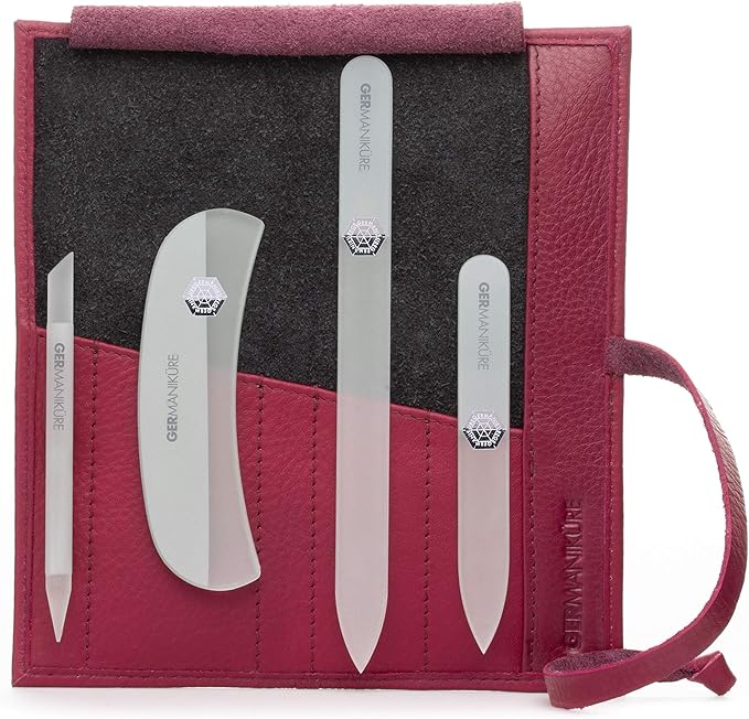 GERMANIKURE Crystal Glass Nail File Set in Magenta Leather Case – Handmade in Czech Republic – Professional Manicure & Pedicure Supplies – Glass Cuticle Stick, Pusher, Moon File