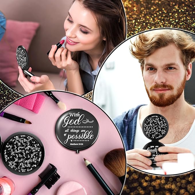 Thyle 12 Pcs Christian Compact Mirror Gifts for Women Bible Verse Bulk Hand Makeup Compact Purse Mirror Inspirational Religious Baptism Gift for Teacher Mother's Day Women Nurse(Black)