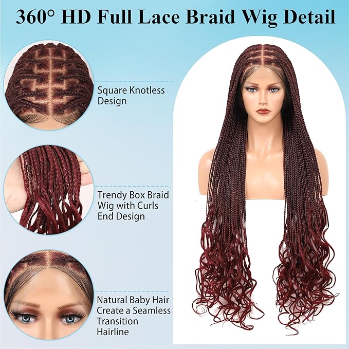 360° HD Full Lace Knotless Braided Wigs for Women Box Braid Wig with Curly End Braided Lace Front Wigs Hair Human Hair Blended Braid Wig with Baby Hair Burgundy 36Inch