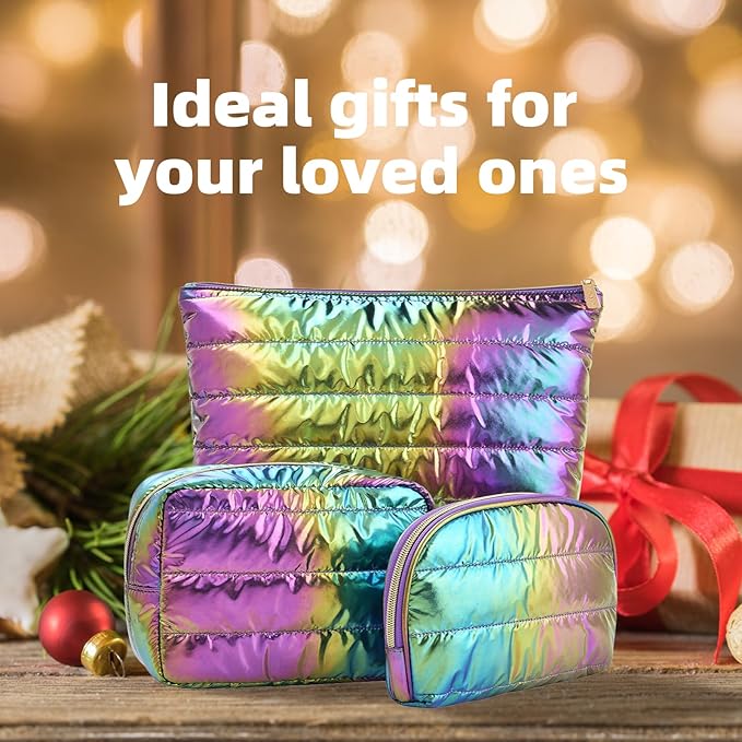 Hiroyuki 3pcs Iridescent Quilted Makeup Bag (plain, rainbow)