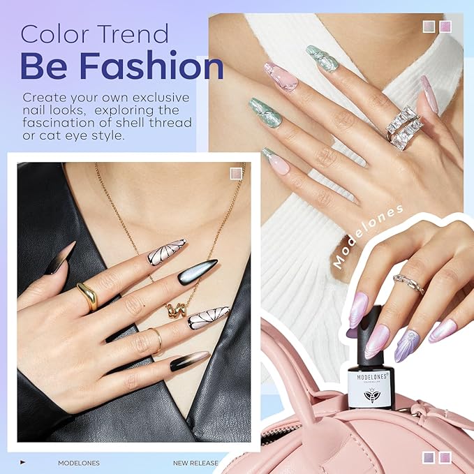 Modelones Pearl Gel Nail Polish, 6 Colors Shimmer Cat Eye Magnetic Nail Drawing Set with Magnet, Iridescent Mermaid Swirl Shell Thread Purple Pink Blue Glitter, Summer DIY Manicure Gift for Women Girl