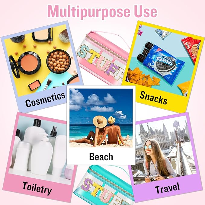 2 Pack Chenille Letter Clear Makeup Bags Stuff Pouch, Preppy Patch Makeup Bag Zipper with Handle, Pink Stuff Bags for Travel Nylon Waterproof Glitter Cosmetic Toiletry Storage for Women(Pink+Green)