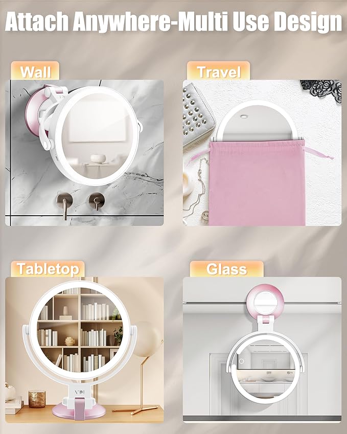 15X/1X Wall Mounted Magnifying Makeup Mirror with Power Suction Cup, Rechargeable Double Sided Regular HD/Magnification 3 Color Modes Adjustable Brightness Mirror with Lights for Bathroom, Travel