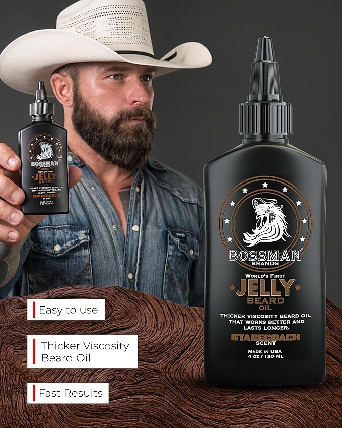 Bossman Jelly Beard Oil for Men (4 oz, Stagecoach Scent) – Softens, Moisturizes & Conditions with Natural Ingredients