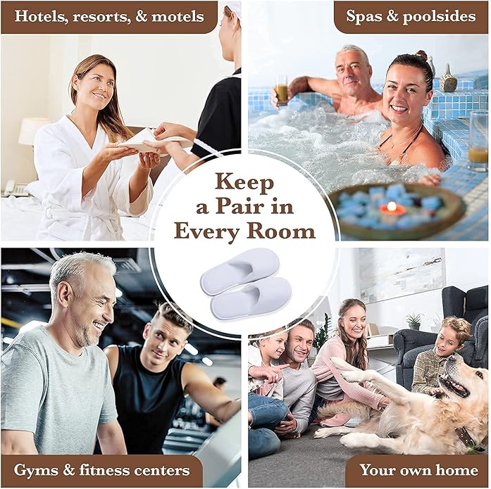 Spa Slippers, Disposable Slippers for Guests Bulk of 6 Pairs - Non-Slip Closed-Toe Premium White Spa Slippers Bulk with Travel Bags - Coral Fleece Hotel Slippers for Women and Men