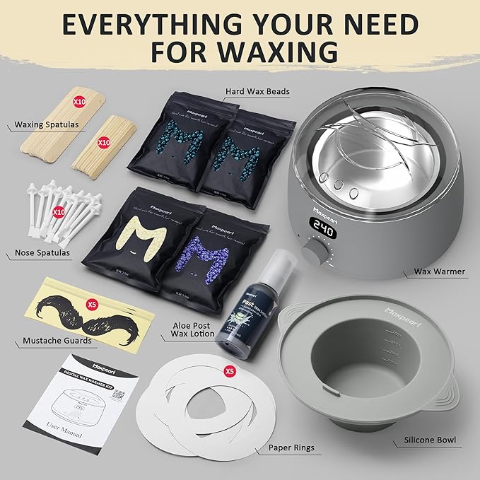 Maxpearl Hair Removal Waxing kit for Men, Nose & Ear Wax Kit with Silicone Pot - Hair Removal for Unwanted Coarse Male Body Hair - Mustache, Eyebrows, Underarms, Back, Chest, Legs and More