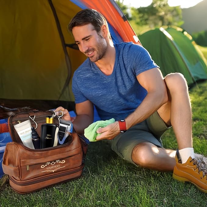 Personalized Toiletry Bag for Men, Waterproof Shaving Kit Gift for Dad, Custom Engraved Leather Travel Kit, Gifts for Men, Mens Travel Gift, Double Sided customization