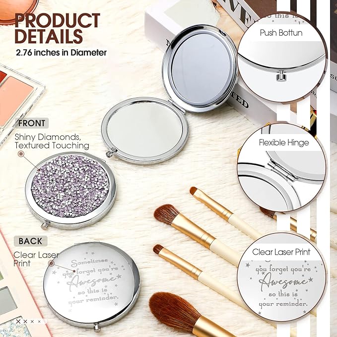 Roowest 20 Pcs Inspirational Compact Mirror Sometimes You Forget You're Awesome Appreciation Gifts for Women Mother's Day Party Favors Magnifying Pocket Mirror (Light Purple)