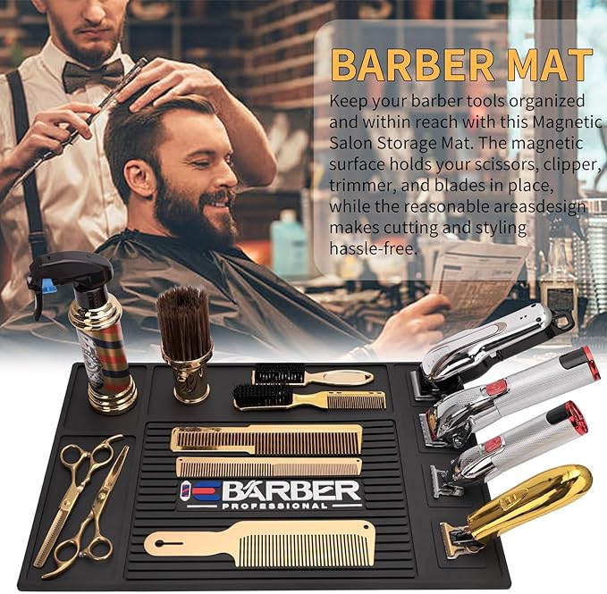 Magnetic Barber Mat for Station Barber Organizer Mat for Clipper Salon Station Tools with 4 Slots for Clippers Salon Barbershop Work Station Pads Anti Slip(4 Slots)