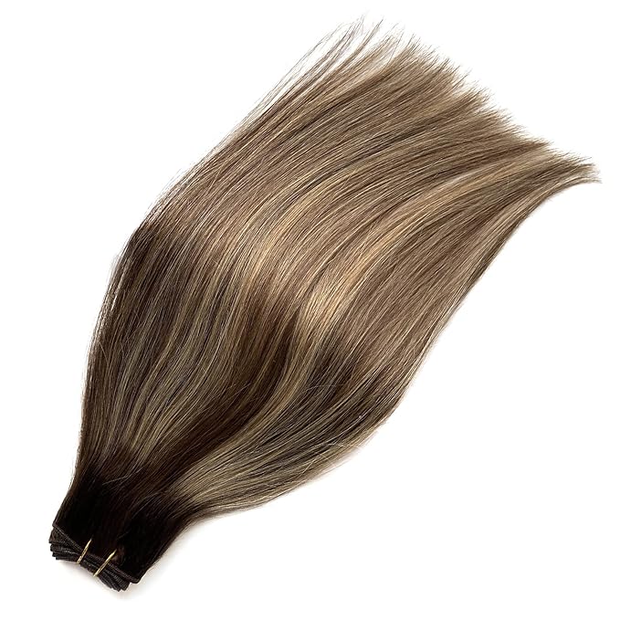 Sew in Hair Extensions Real Human Hair, Weft Hair Extensions Human Hair Bundles 16Inch 100G Ombre Brown Balayage Caramel Blonde Hair Extensions Real Human Hair Hand Tied Weft Weave Sew in Extensions