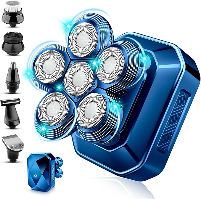 Head Shavers for Bald Men, IPX7 Waterproof Detachable Head Shaver,6D Electric Razor for Men, 6 in 1 Wet/Dry Rechargeable LED Shaving Kit with Type-C Charge