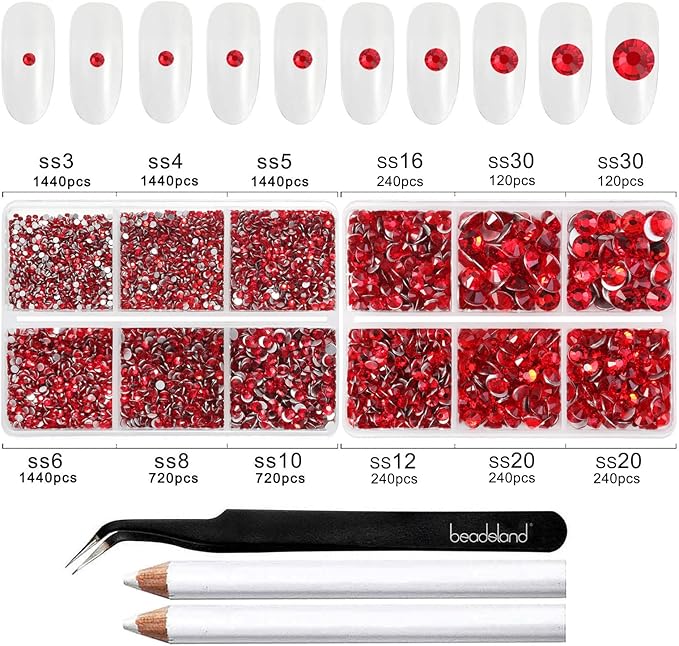 Beadsland 8300PCS Flatback Rhinestones, Light Red Rhinestone Round Crystal Rhinestones for Crafts, Mixed 10 Sizes with Wax Pencil and Tweezer Kit, SS3-SS30, Light Siam