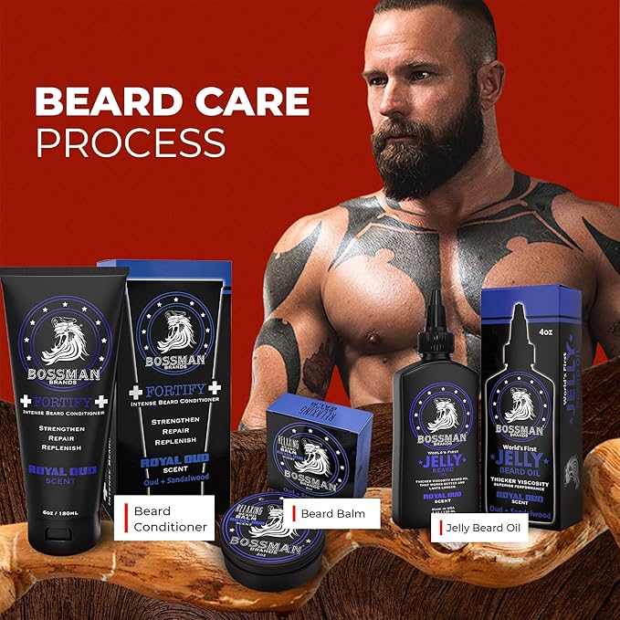 Bossman Essentials Beard Kit for Men – Beard Oil Jelly, Fortifying Conditioner Cream & Beard Balm – Grooming Care Accessories (Royal Oud Scent)